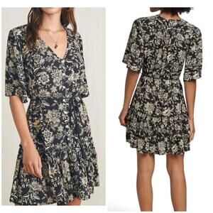 Faherty Tiered Mini Dress Sz S Boho Botanical Floral Tie Waist Button Front